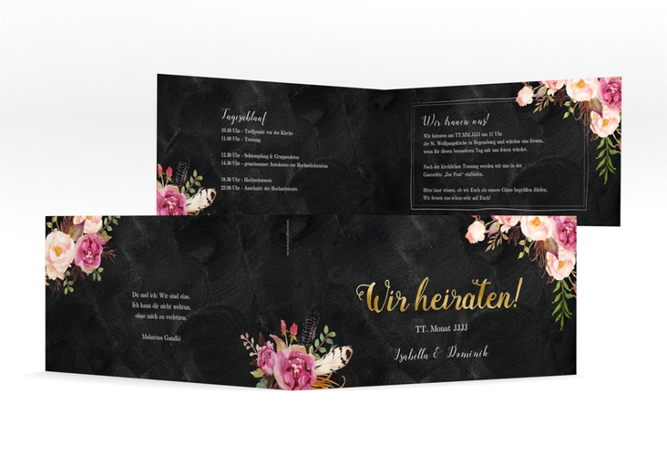 Hochzeitseinladung Flowers lange Klappkarte quer schwarz gold mit bunten Aquarell-Blumen