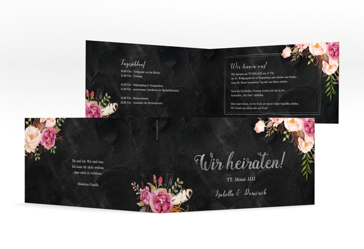 Hochzeitseinladung Flowers lange Klappkarte quer schwarz silber mit bunten Aquarell-Blumen