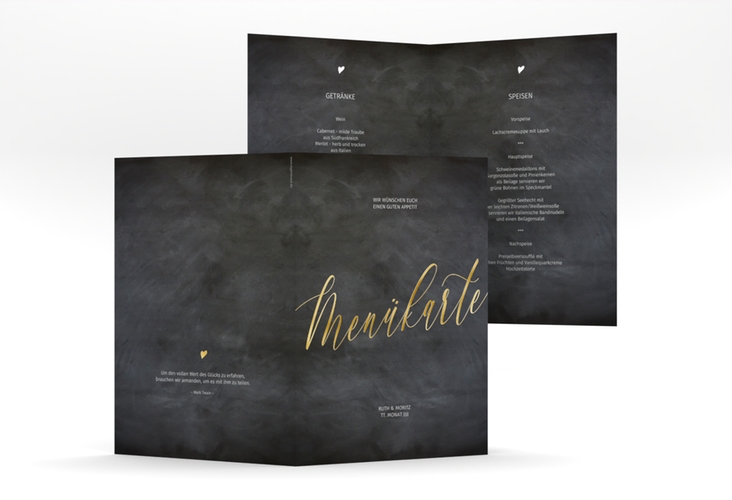 Menükarte Hochzeit Chalkboard A5 Klappkarte hoch schwarz gold mit Folie