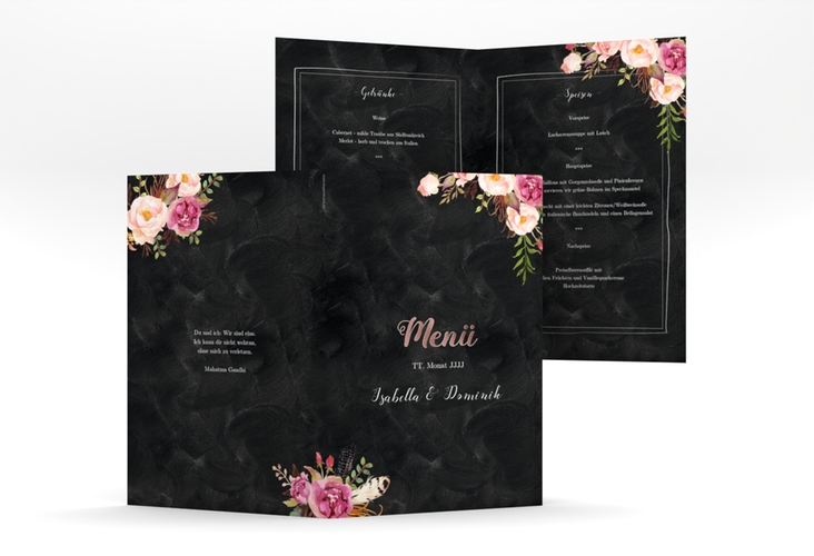 Menükarte Hochzeit Flowers A5 Klappkarte hoch schwarz rosegold mit bunten Aquarell-Blumen