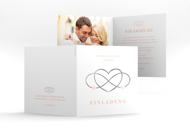 Hochzeitseinladung Infinity quadr. Klappkarte apricot silber