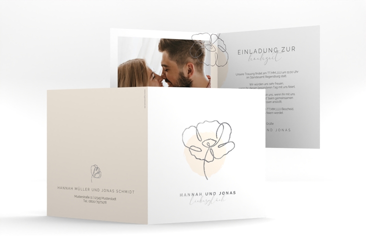 Hochzeitseinladung Flowerline quadr. Klappkarte apricot silber