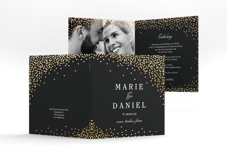 Hochzeitseinladung Glitter quadr. Klappkarte schwarz gold