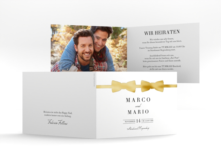 Hochzeitseinladung Suits A6 Klappkarte quer schwarz gold