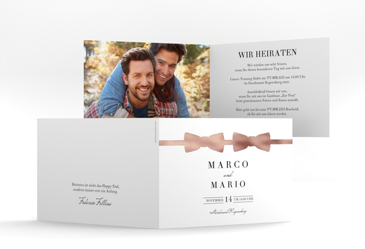 Hochzeitseinladung Suits A6 Klappkarte quer schwarz rosegold