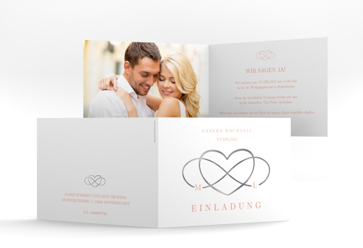 Hochzeitseinladung Infinity A6 Klappkarte quer apricot silber