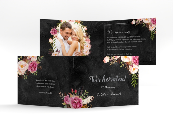 Hochzeitseinladung Flowers A6 Klappkarte quer schwarz silber mit bunten Aquarell-Blumen