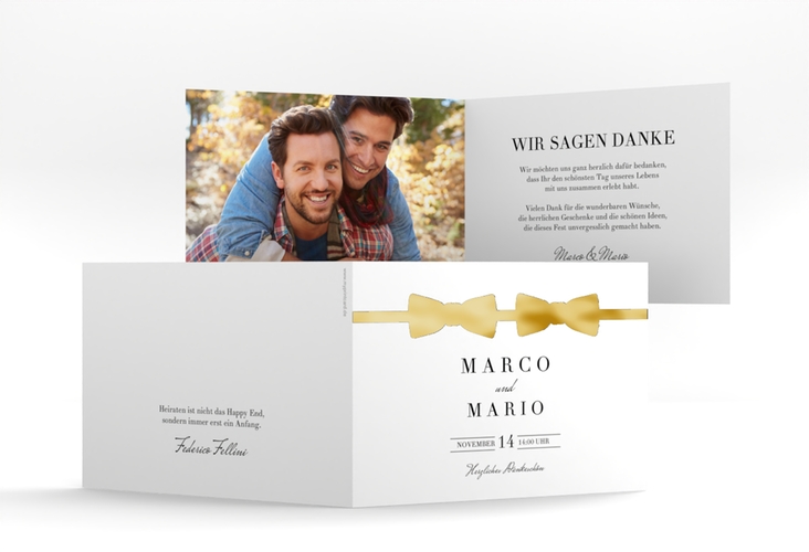 Dankeskarte Hochzeit Suits A6 Klappkarte quer schwarz gold