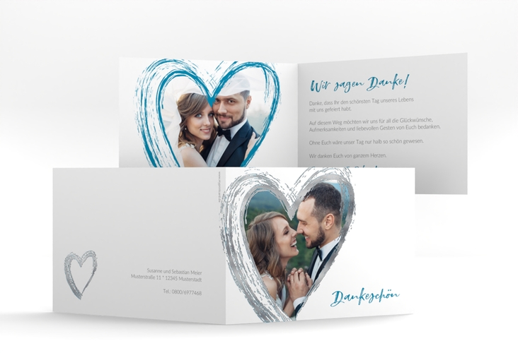 Danksagung Hochzeit Liebe A6 Klappkarte quer tuerkis silber