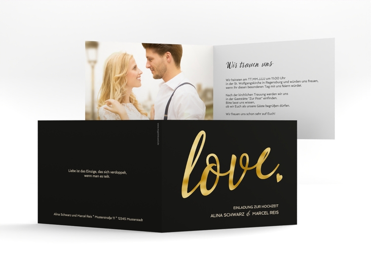 Hochzeitseinladung Glam A6 Klappkarte quer schwarz gold