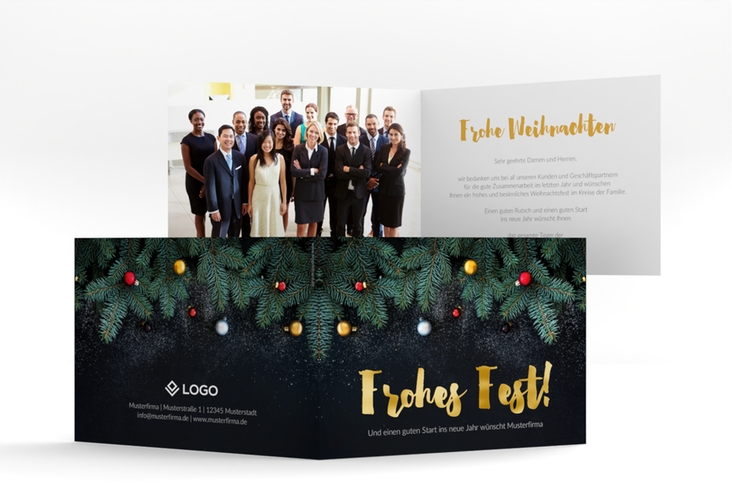 Business-Weihnachtskarte Weihnachtlich A6 Klappkarte quer schwarz gold mit Tannenzweigen und goldenem Schriftzug