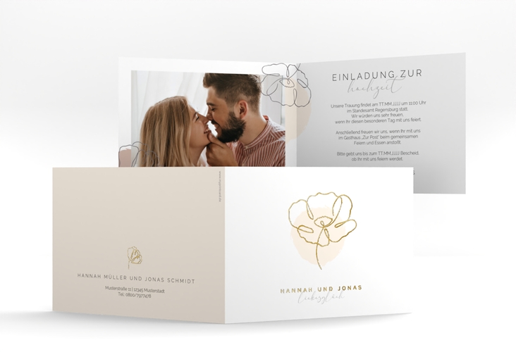 Hochzeitseinladung Flowerline A6 Klappkarte quer apricot gold