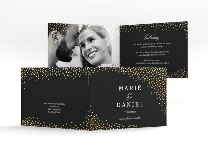 Hochzeitseinladung Glitter A6 Klappkarte quer schwarz gold