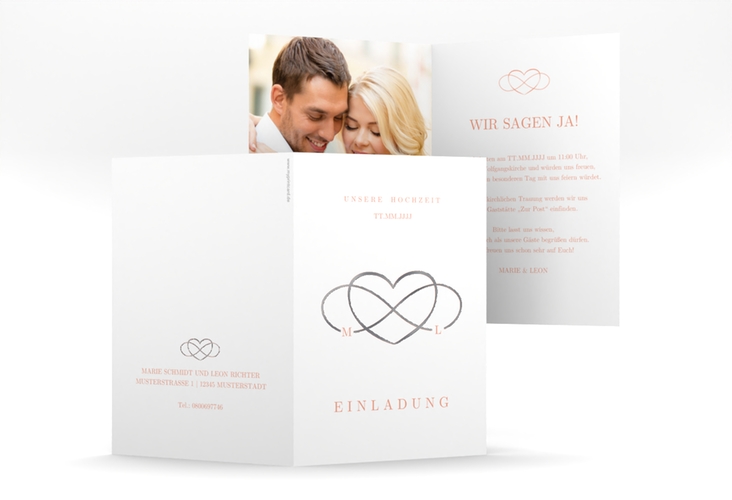 Einladungskarte Hochzeit Infinity A6 Klappkarte hoch apricot silber