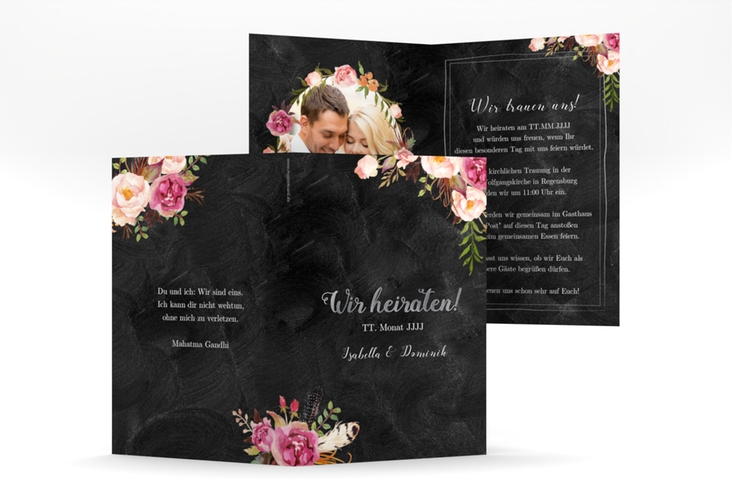 Einladungskarte Hochzeit Flowers A6 Klappkarte hoch schwarz silber mit bunten Aquarell-Blumen