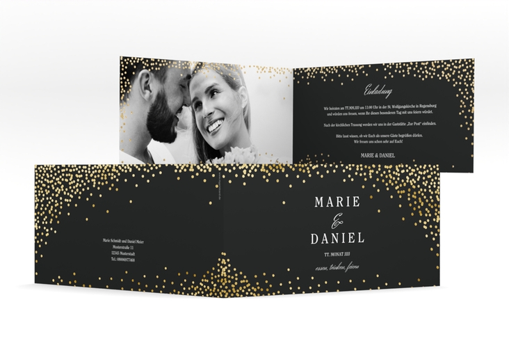 Hochzeitseinladung Glitter lange Klappkarte quer schwarz gold