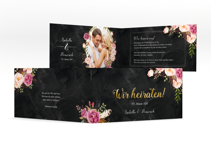 Hochzeitseinladung Flowers lange Klappkarte quer schwarz gold mit bunten Aquarell-Blumen