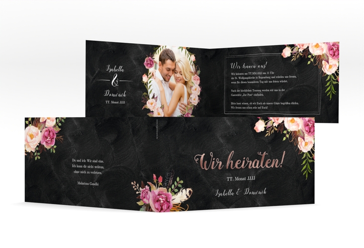 Hochzeitseinladung Flowers lange Klappkarte quer schwarz rosegold mit bunten Aquarell-Blumen