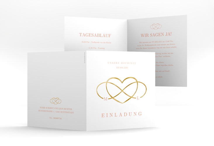 Hochzeitseinladung Infinity quadr. Klappkarte apricot gold