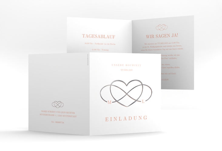 Hochzeitseinladung Infinity quadr. Klappkarte apricot silber