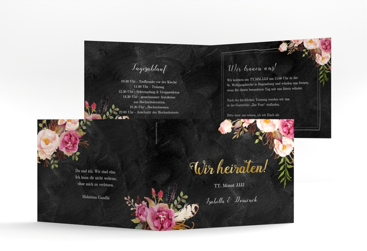 Hochzeitseinladung Flowers A6 Klappkarte quer schwarz gold mit bunten Aquarell-Blumen