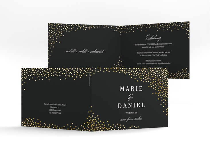 Hochzeitseinladung Glitter A6 Klappkarte quer schwarz gold