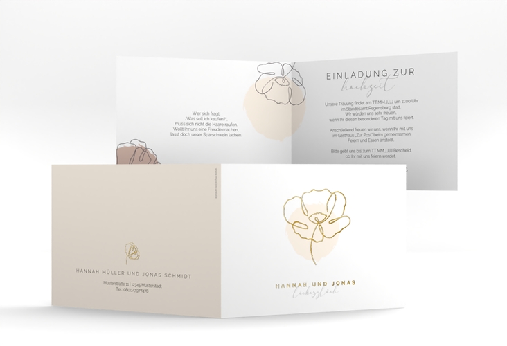 Hochzeitseinladung Flowerline A6 Klappkarte quer apricot gold