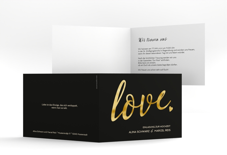 Hochzeitseinladung Glam A6 Klappkarte quer schwarz gold