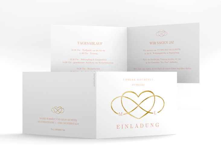 Hochzeitseinladung Infinity A6 Klappkarte quer apricot gold