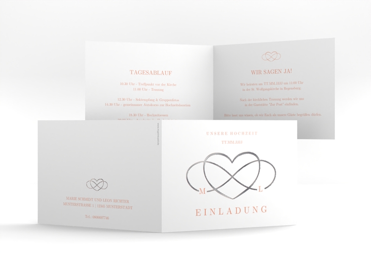 Hochzeitseinladung Infinity A6 Klappkarte quer apricot silber