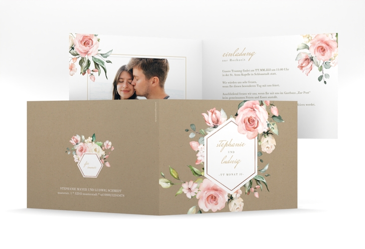 Hochzeitseinladung Graceful mittlere Klappkarte quer Kraftpapier rosegold mit Rosenblüten in Rosa und Weiß