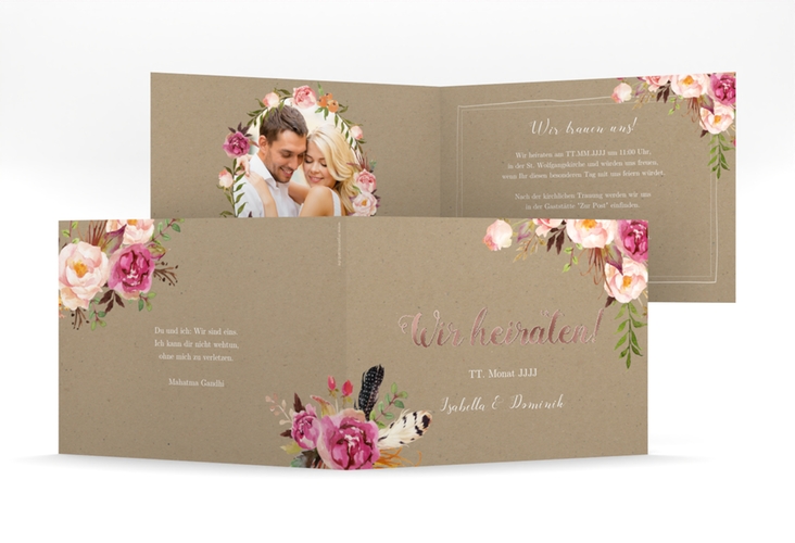 Hochzeitseinladung Flowers mittlere Klappkarte quer Kraftpapier rosegold mit bunten Aquarell-Blumen