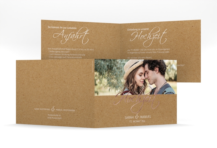 Hochzeitseinladung Big Picture mittlere Klappkarte quer Kraftpapier rosegold mit Foto des Brautpaars