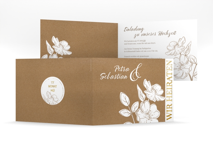 Hochzeitseinladung Windflower mittlere Klappkarte quer Kraftpapier gold mit Wildrosen