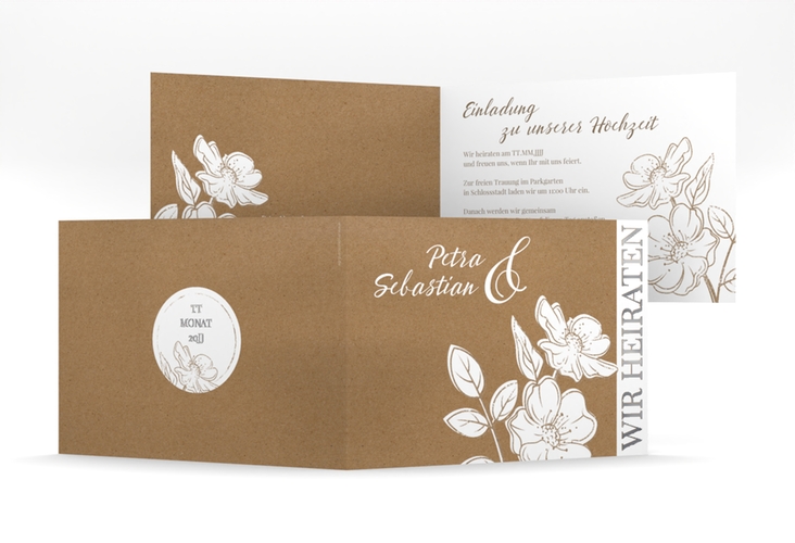 Hochzeitseinladung Windflower mittlere Klappkarte quer Kraftpapier silber mit Wildrosen