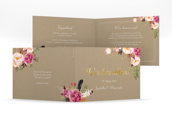 Hochzeitseinladung Flowers mittlere Klappkarte quer Kraftpapier gold mit bunten Aquarell-Blumen