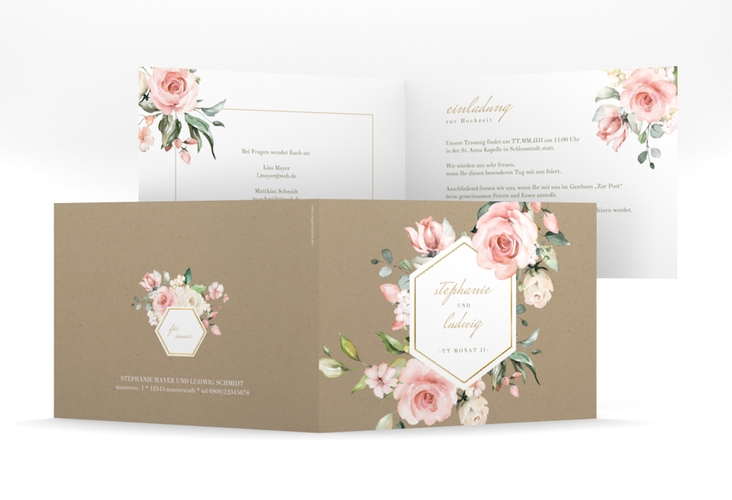 Hochzeitseinladung Graceful mittlere Klappkarte quer Kraftpapier gold mit Rosenblüten in Rosa und Weiß