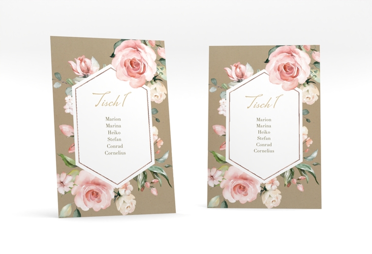 Tischaufsteller Hochzeit Graceful Tischaufsteller Kraftpapier rosegold mit Rosenblüten in Rosa und Weiß