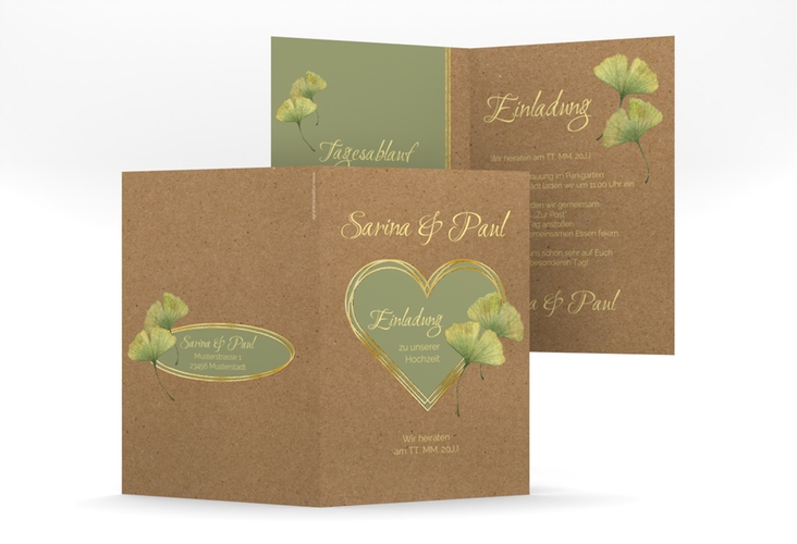 Einladungskarte Hochzeit Ginko A6 Klappkarte hoch Kraftpapier gold mit Herz und zwei Ginkgo-Blättern