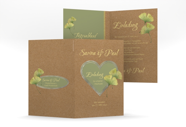 Einladungskarte Hochzeit Ginko A6 Klappkarte hoch Kraftpapier silber mit Herz und zwei Ginkgo-Blättern