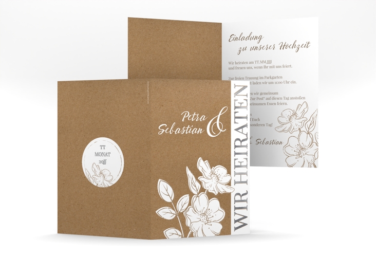 Einladungskarte Hochzeit Windflower A6 Klappkarte hoch Kraftpapier silber mit Wildrosen