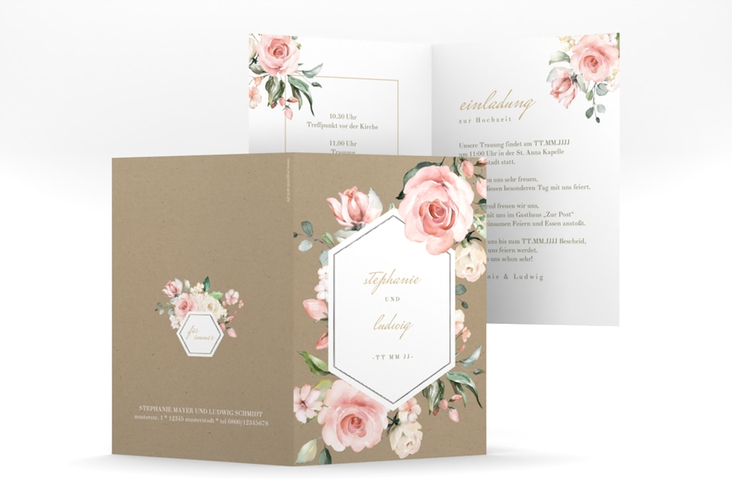 Einladungskarte Hochzeit Graceful A6 Klappkarte hoch Kraftpapier silber mit Rosenblüten in Rosa und Weiß