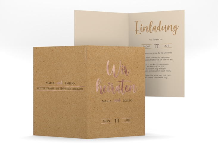 Einladungskarte Hochzeit Noble A6 Klappkarte hoch Kraftpapier rosegold mit elegantem Schriftzug