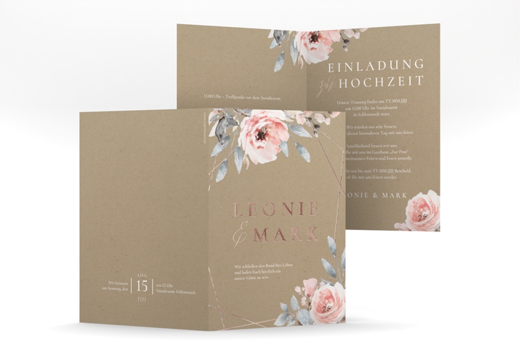 Einladungskarte Hochzeit Perfection A6 Klappkarte hoch Kraftpapier rosegold mit rosa Rosen