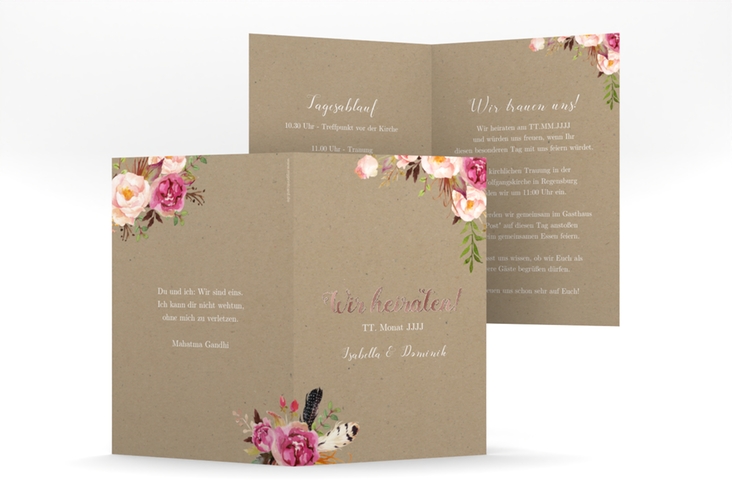 Einladungskarte Hochzeit Flowers A6 Klappkarte hoch Kraftpapier rosegold mit bunten Aquarell-Blumen