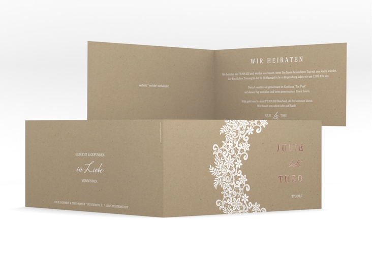 Hochzeitseinladung Mariage lange Klappkarte quer Kraftpapier rosegold mit Bogen aus weißer Spitze