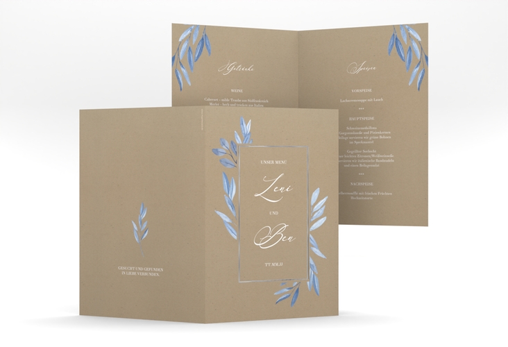 Menükarte Hochzeit Classicblue A5 Klappkarte hoch Kraftpapier silber