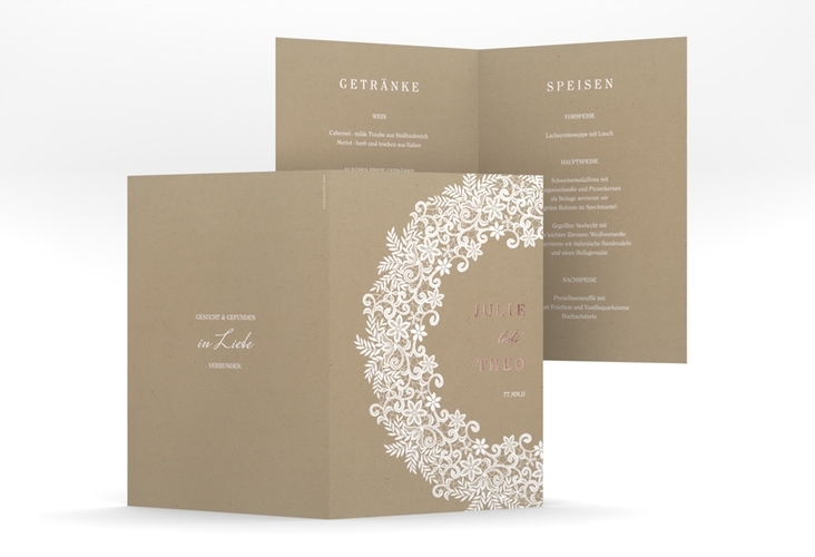 Menükarte Hochzeit Mariage A5 Klappkarte hoch Kraftpapier rosegold mit Bogen aus weißer Spitze