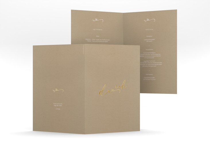 Menükarte Hochzeit Zweisamkeit A5 Klappkarte hoch Kraftpapier gold im minimalistischen Stil mit Aufschrift du & ich