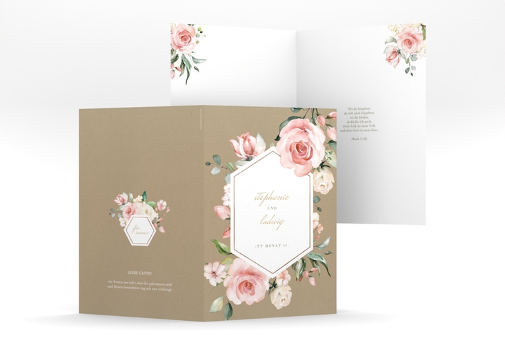 Kirchenheft Hochzeit Graceful A5 Klappkarte hoch Kraftpapier rosegold mit Rosenblüten in Rosa und Weiß